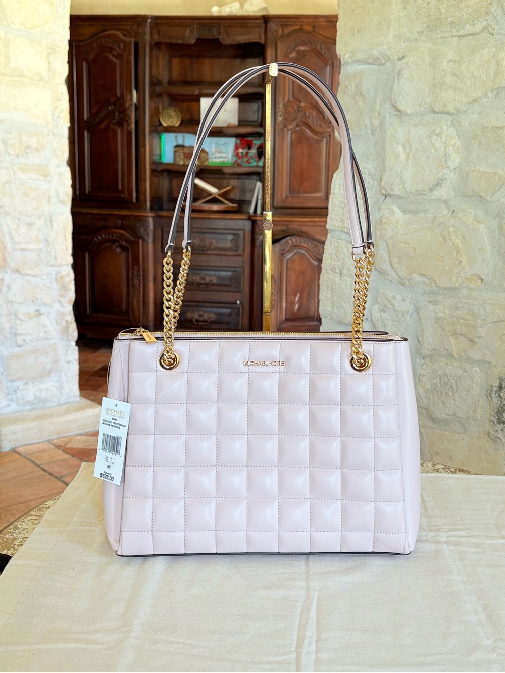 Michael Kors Quilted Pale Pink Shoulder Tote with Gold Chain Straps